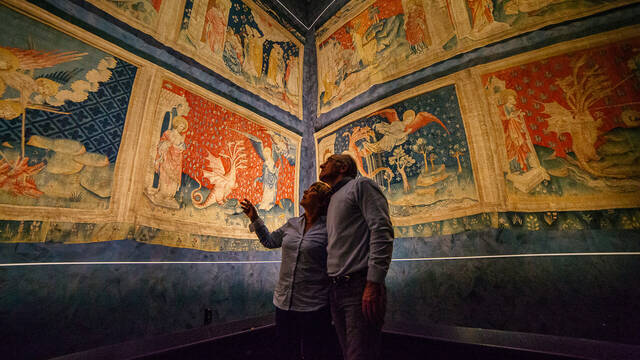 Pareja contemplando el Tapiz del Apocalipsis en el Castillo de Angers 