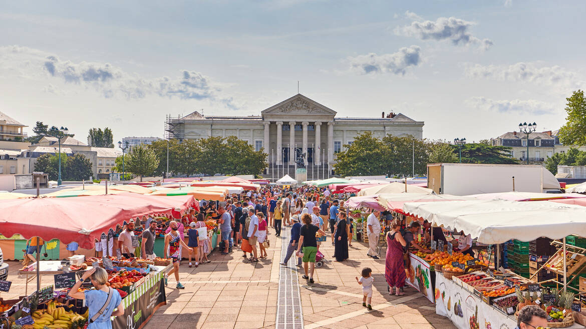 Plan large du marché et de ses étals, place Leclerc, le palais de justice à l'arrière-plan