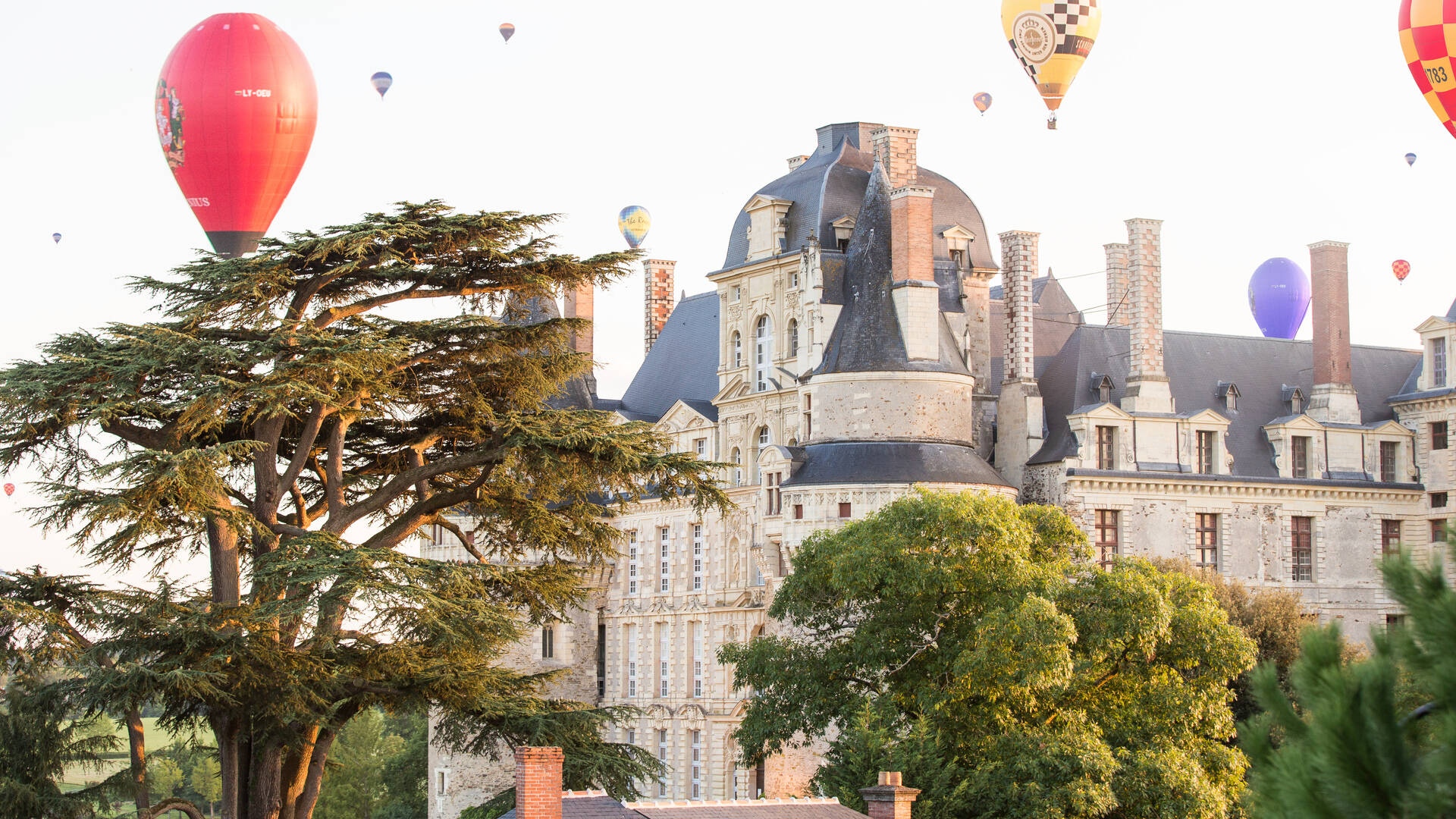 Vue du Château de Brissac entouré de montgolfières en vol